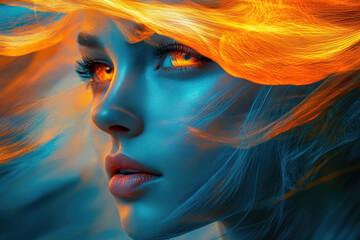 Poster - A woman's face, illuminated with vibrant orange and teal light, hair resembling flowing flames.