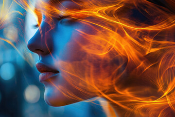 Aufkleber - A woman's face merges with fiery, flowing textures, creating a surreal, ethereal image.