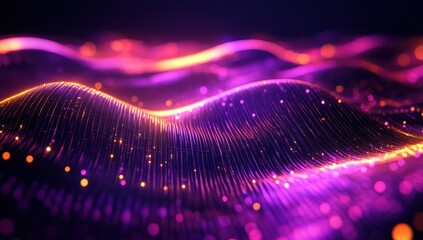 Fototapete - Abstract digital waves in vibrant purple and orange hues flowing through a surreal landscape giving a sense of motion and depth for creative projects