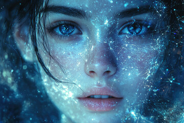 Poster - A woman's face, adorned with ethereal blue nebulae, gazes serenely.