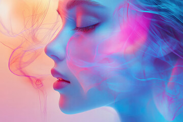 Poster - A dreamy portrait of a woman's face, enveloped in vibrant pink and blue smoke.