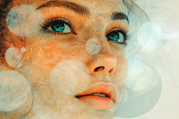 Aufkleber - A dreamy portrait of a woman's face, overlaid with translucent circles and soft colors.