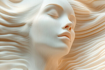 Poster - Serene, sculpted female face resting on flowing, layered fabric; a study in texture and form.