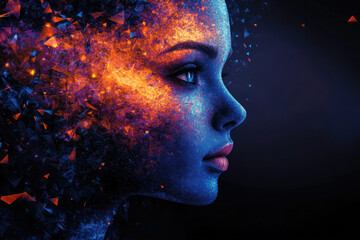 Poster - A woman's face, depicted in vibrant blue and orange hues, appears to be dissolving into fiery, crystalline fragments.