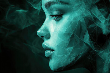 Poster - Abstract teal portrait of a woman's face, overlaid with a geometric mesh, evoking mystery and digital art.