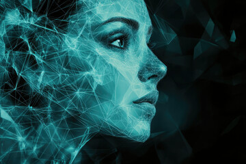 Poster - Abstract teal female face rendered in a network of interconnected lines and nodes.