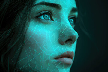 Leinwandbilder - A woman's face is overlaid with a teal geometric pattern, creating a futuristic, digital aesthetic.