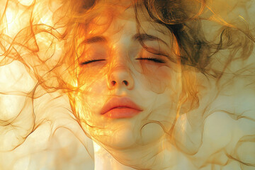 Poster - Serene woman with eyes closed, enveloped in flowing, golden fabric, evokes peace and tranquility.