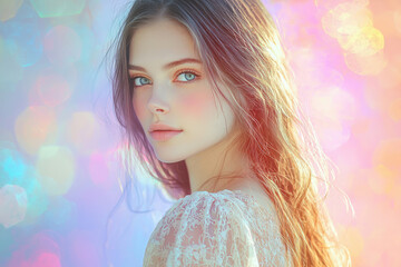 Aufkleber - A dreamy portrait of a young woman with long, flowing hair, wearing a delicate lace dress against a pastel bokeh background.