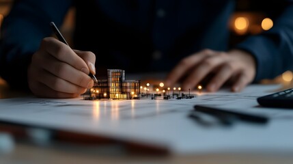 Poster - A person standing in an architectural workspace surrounded by sketches blueprints and design concepts discussing business strategies and new ideas with colleagues under a soft