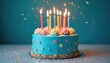 © miss irine - Festive scene of blue birthday cake decorated with colorful sprinkles, flowers, cupcakes. Burning candles glow on light background, creating warm, joyful celebration atmosphere. Perfect for birthday