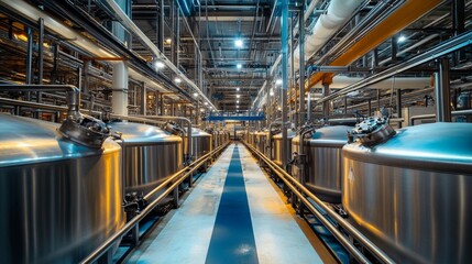 Poster - Industrial dairy production plant. Rows of large stainless steel tanks for milk storage, processing. Pipes, conduits visible for material transportation throughout plant. , 32k Resolution