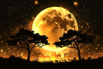 Wall Mural - a forest under a big yellow moon, with the trees encircling it and the entire area bathed in moonlig