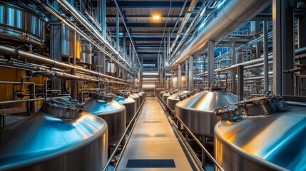 Poster - Industrial dairy production plant. Rows of large stainless steel tanks for milk storage, processing. Pipes, conduits visible for material transportation throughout plant. , 32k Resolution