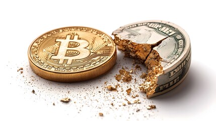 Poster - Conceptual digital of a cracked golden coin with one half displaying the dollar symbol and the other half the yuan symbol isolated on a plain white background