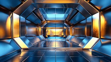 Poster - Futuristic metallic corridor with dynamic light reflections and depth perspective