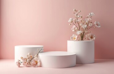 Aufkleber - Three white podiums cylinders with floral decorations on pink background with blank space. Empty space for advertising cosmetic product promo. Minimal stage geometric dais for presentation show.