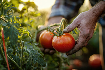 Poster - Farmer's hands carefully harvesting ripe red tomatoes from a lush green plant in a sunlit field.