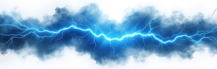Poster - Spectacular blue electricity discharge isolated on transparent background. Energy flash, power light effect. Thunder storm, lightning bolt, strike. Electrostatic, spark shock, glowing charge, current