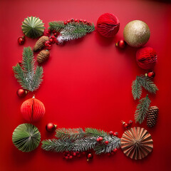 Wall Mural - Festive Christmas Frame with Ornaments, Pine Branches, and Red Background Generated Image