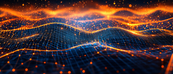 Fototapete - An abstract representation of flowing waves with glowing orange and blue elements, depicting movement and data visualization.