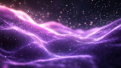Poster - Abstract purple waves with sparkling particles creating a dreamy and mystical atmosphere in a vibrant digital landscape.