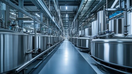 Poster - Industrial dairy production plant. Rows of large stainless steel tanks for milk storage, processing. Pipes, conduits visible for material transportation throughout plant , 32k Resolution