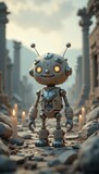Adorable Knitted Robot Exploring Ancient Ruins at Sunset