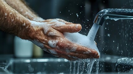 Poster - Close up photograph of human hands washing thoroughly under a stream of running water emphasizing the importance of proper hand hygiene and health safety practices