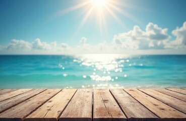 Poster - Wooden tabletop on blur sparkling sea and summer sky background. Empty wood deck with space for product display. Tropical beach scene, vacation mood, sun, sand and calm turquoise water.