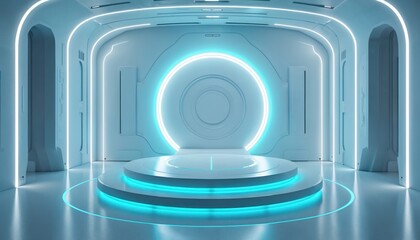 Aufkleber - Sci-fi interior with futuristic stage illuminated by neon lights. Modern tech architecture. Stage round, layered, ideal for product demonstration, awards ceremony conference event. Clean design,