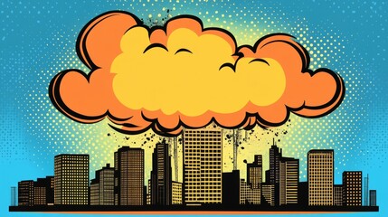 Poster - Over the city buildings, an orange cloud burst illuminated the bright blue sky, accompanied by streaks of light