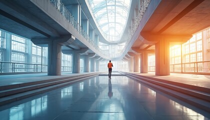 Poster - Illustration of modern architecture with bridge overpass design, man looks into perspective. Concrete structure with large windows, bright sunny background. Architectural rendering perfect for