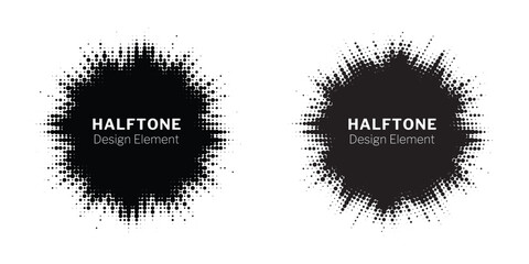 Poster - Set of black halftone grunge circle. Vector modern dots halftone arts. Halftone circle frame background set. Round border Icon using halftone random circle. Grunge circular stain. Vector illustration.