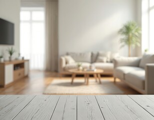 Aufkleber - Wooden planks tabletop close-up with blurred modern living room background. White interior, stylish couch, light furniture, potted plant, cozy home design. Place for product presentation, background