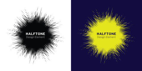Poster - Set of black halftone grunge circle. Vector modern dots halftone arts. Halftone circle frame background set. Round border Icon using halftone random circle. Grunge circular stain. Vector illustration.