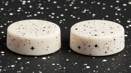 Poster - Two white discs with speckles on a black backdrop, used for product display