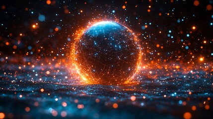 Wall Mural - Fiery cosmic sphere glows brightly intense blue orange nebula swirls around. AI Generated