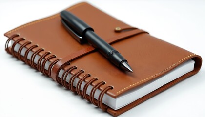 Aufkleber - Black pen lies on brown leather notebook with white pages isolated on transparent background. Spiral bound office stationery for business planning. Empty blank paper notepad for writing reminders,