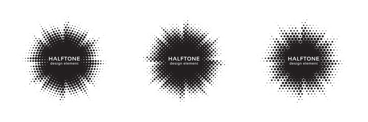 Poster - Set of black halftone grunge circle. Vector modern dots halftone arts. Halftone circle frame background set. Round border Icon using halftone random circle. Grunge circular stain. Vector illustration.