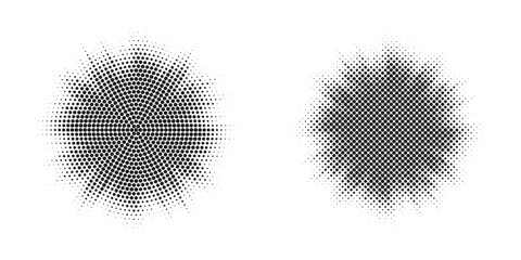 Poster - Set of black halftone grunge circle. Vector modern dots halftone arts. Halftone circle frame background set. Round border Icon using halftone random circle. Grunge circular stain. Vector illustration.