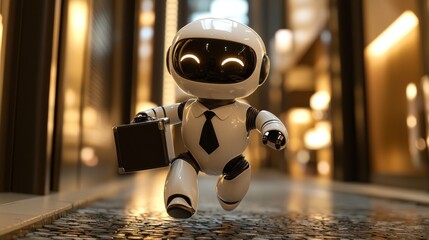 A happy robot is carrying a briefcase in a hallway