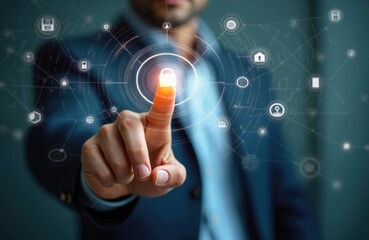 Fototapete - Man uses thumb to scan fingerprint for digital processing, biometric identification, accesses security system. Includes internet banking, cloud system, mobile phone with cyber security interface,