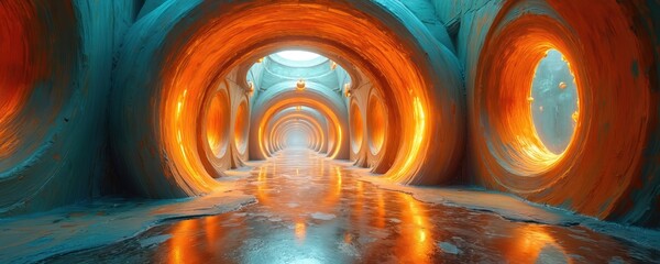 Poster - Abstract architecture resembling portal to another dimension. Many orange lit circles in blue futuristic corridor with reflection. Modern construction, sci-fi, interdimensional travel, time paradox