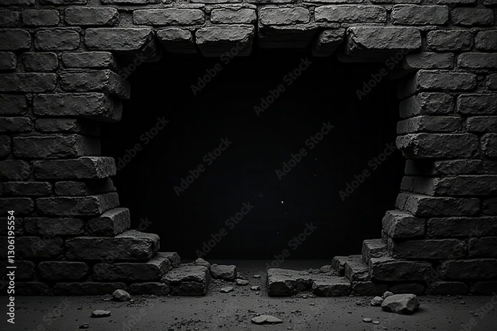 A gaping hole reveals a dark, mysterious void in a weathered brick wall