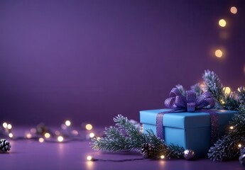 Poster - Beautifully Wrapped Blue Gift Box Surrounded by Pine Branches and Twinkling Lights on a Purple Background for Holiday Celebration