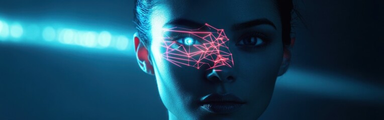 Poster - Surreal representation of a woman's face featuring neon geometric patterns and glowing effects in a dark setting