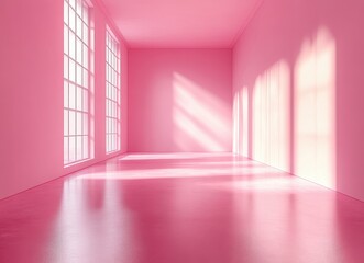 Poster - Bright Pink Minimalist Room Interior with Large Windows and Sunlight Casting Soft Shadows on Floor and Wall Space for Modern Decorative Themes