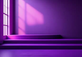 Poster - Bright Purple Light Casting Shadows Across Empty Indoor Space with Steps and Window Creating a Modern Minimalist Aesthetic
