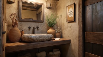 Poster - Stylish bathroom featuring a stone sink and rustic wooden vanity design with earthy tones